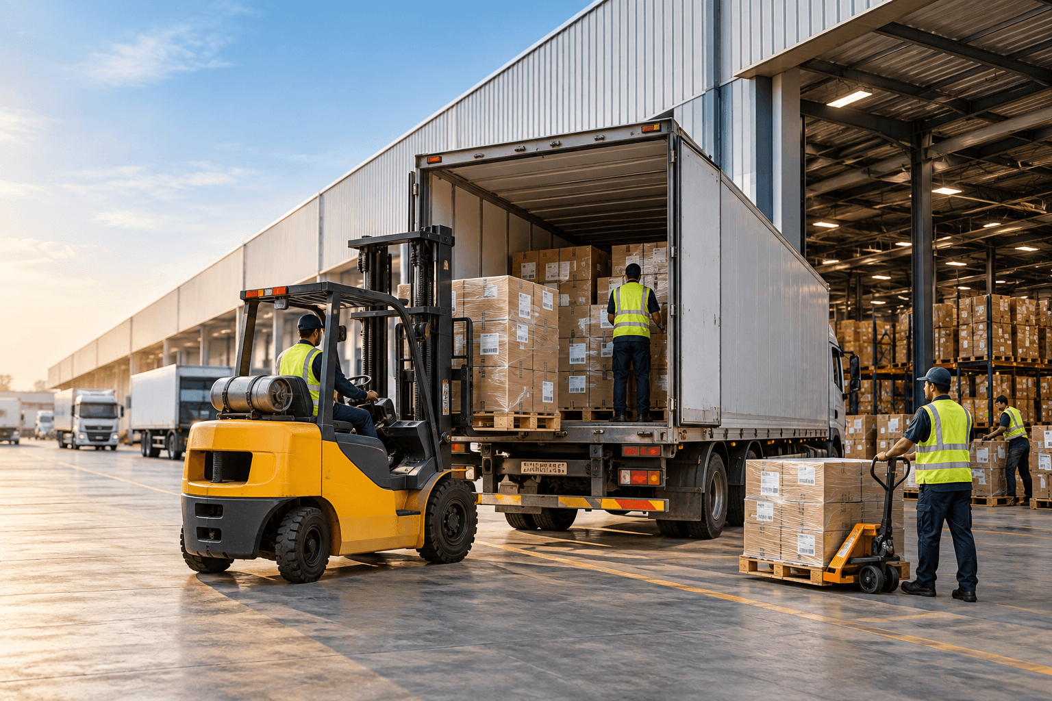 A forklift and dock workers loading shrink-wrapped pallets into a box truck at a warehouse loading bay, with further trucks waiting at the bays.