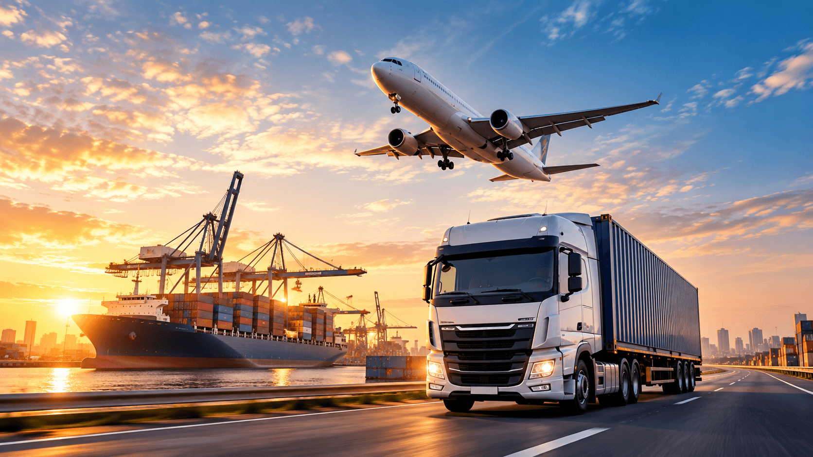 A container truck on the highway at sunrise, a cargo aircraft climbing overhead and a container ship loading at a port terminal behind.