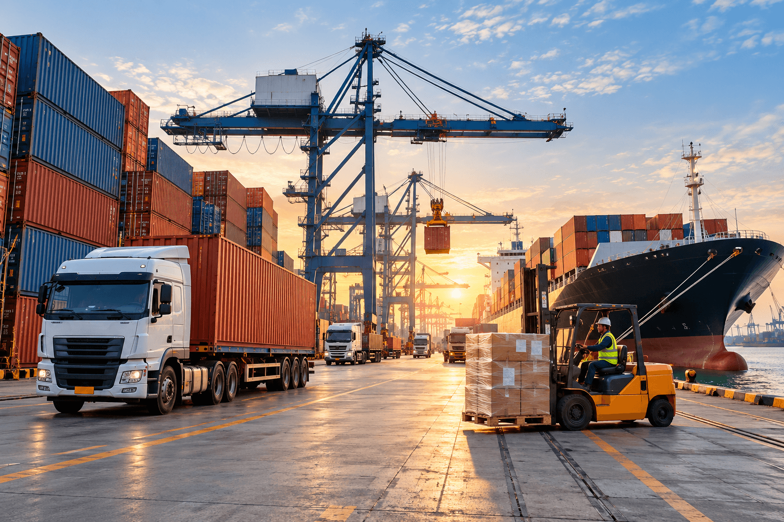 A container truck, gantry cranes lifting a container and a ship at berth at a port terminal at sunset, with a forklift moving palletised goods along the quay.