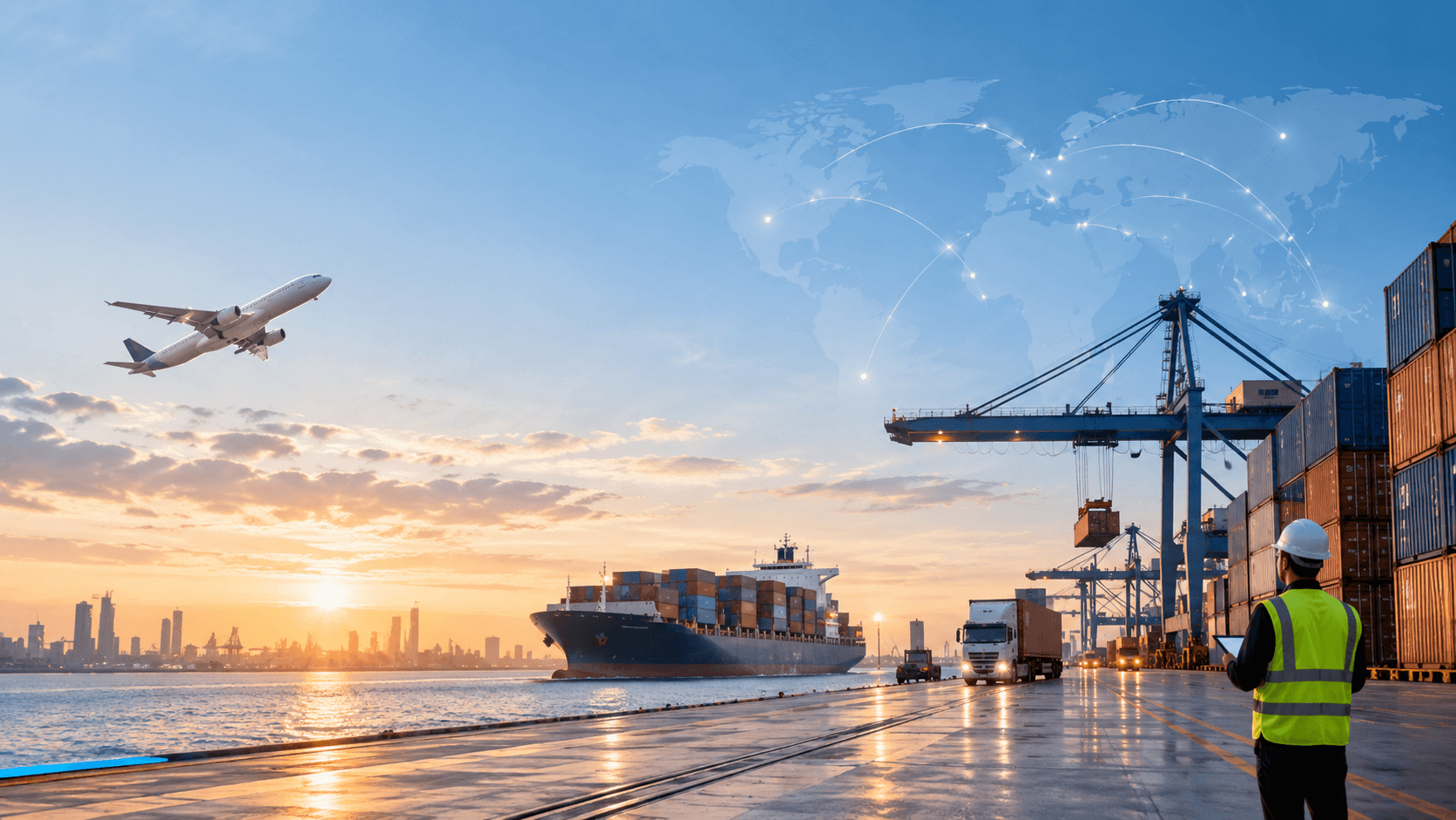 A container ship, a gantry crane and a loaded truck at a port terminal at sunset, with a worker in a hi-vis vest checking a tablet on the quay.
