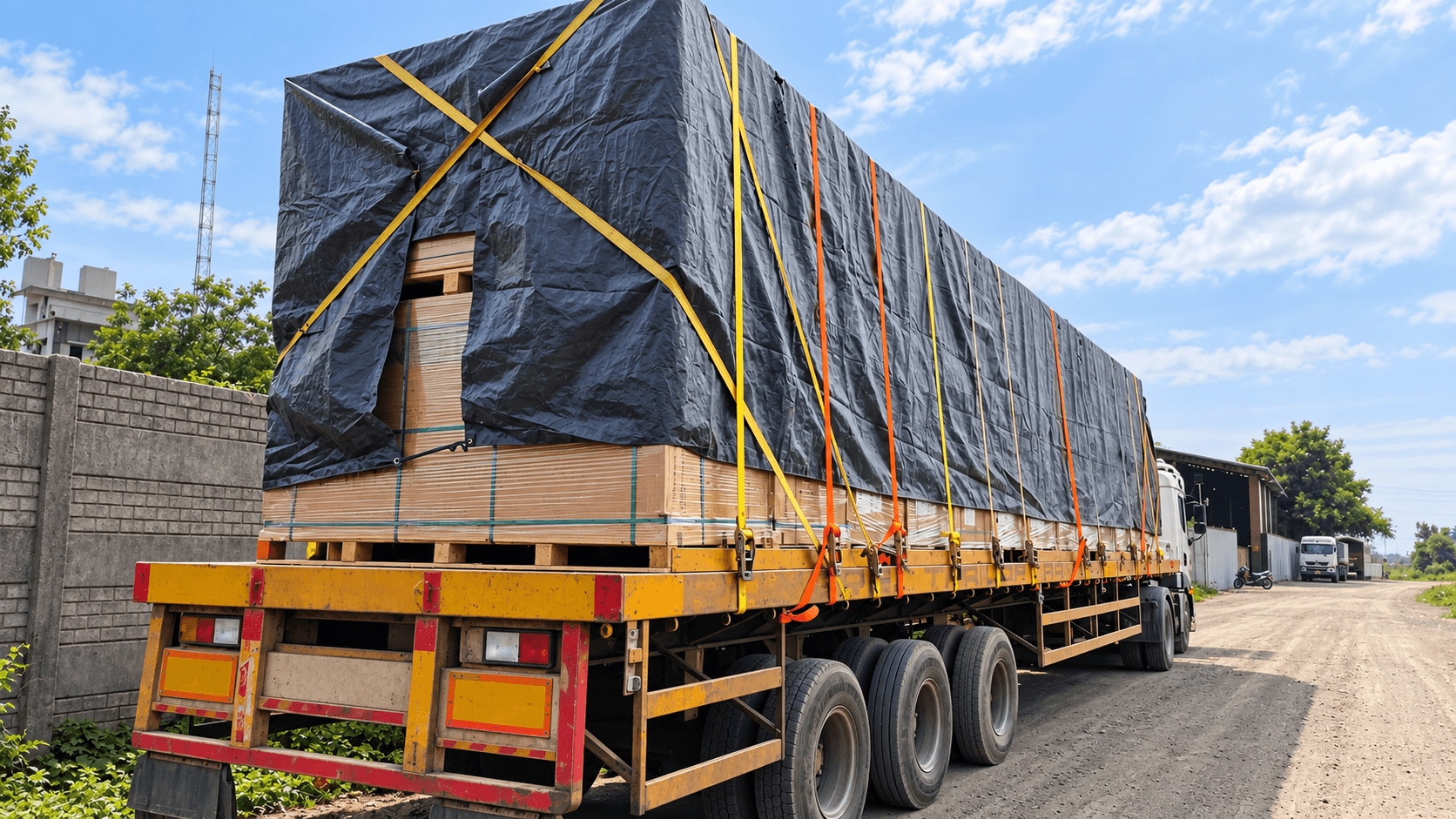 A flatbed trailer loaded with sheet material under a black tarpaulin, strapped down with ratchet straps, on a road between industrial units.